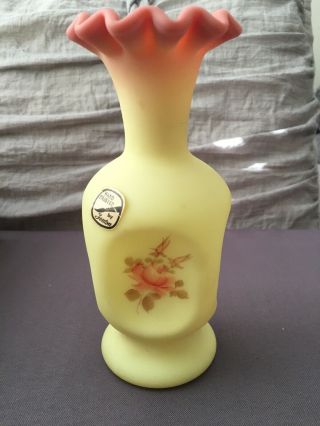 Vintage Fenton Rose Burmese Pinch Vase Signed By Artist C.  Weihl - Marked Fenton