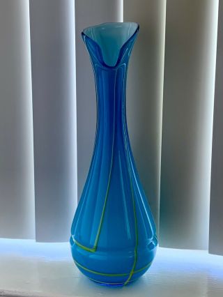 Murano Hand Blown Glass Imported From Italy Swung Vase Blue With Yellow Stripes