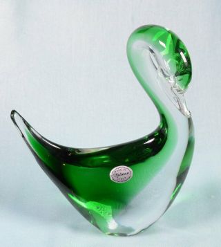 Vintage Murano Hand Blown Green & Clear Art Glass Swan Sculpture 11 " H X 7.  5 " W