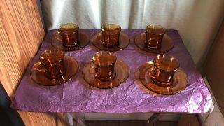 Set Of 6 Vintage Duralex Spain Tea Cups & Saucers Amber/gold