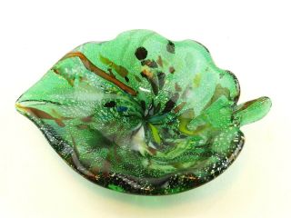 Vintage Mid Century Murano Italian Art Glass Green Tutti Frutti Leaf Shaped Bowl