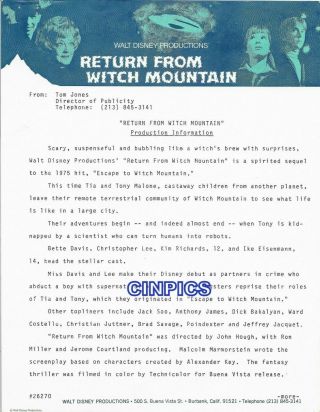 Press Kit 1978 " Return From Witch Mountain " 10 Pages W/special Screening Invite.