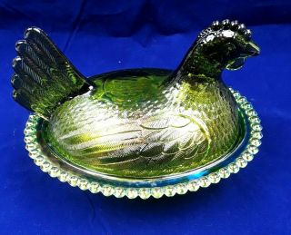 Vintage Indiana Glass Hen On Nest Covered Candy Dish Green Iridescent Glass