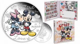 2015 $2 Disney Crazy In Love 1 Oz Silver Coin In Ogp Mickey & Minnie Le 10,  000