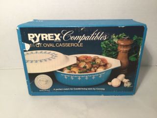Vintage Pyrex 043 Snowflake Blue Garland 1.  5 Qt Oval Casserole Dish With Lid Nib