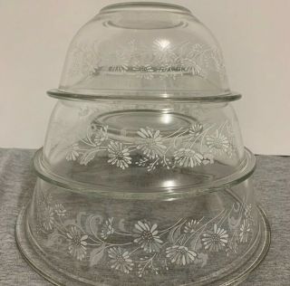 Set Of 3 Vintage Pyrex Colonial Mist Clear Mixing Nesting Bowls 1l,  1.  5l,  2.  5l