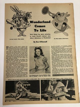 1951 Alice In Wonderland Walt Disney Newspaper Article Color Photos Canada