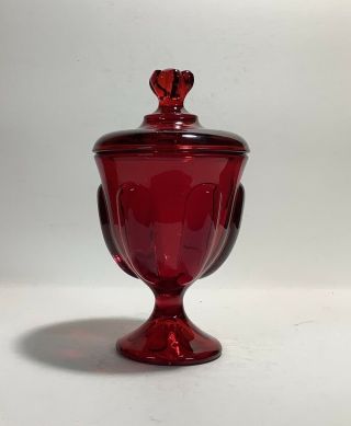 Vintage Ruby Red Viking Glass Six Petal Footed Candy Dish W/ Lid Label