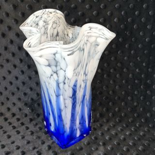 Vintage Murano Art Glass Vase Blue & White Speckled Square Base Ruffle 8.  5”