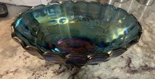 Vintage Indiana Glass Footed Fruit Bowl Blue Iridescent Harvest Grape