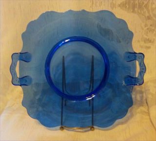 Vintage Cobalt Blue Smith Glass Mt Pleasant 11.  5” Cake Plate Double Handles