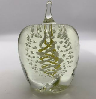 Art Glass Apple Controlled Bubbles,  Yellow Spiral Paperweight Signed Carl Kraft