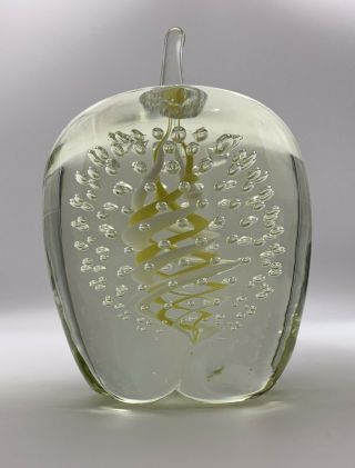 Art Glass Apple Controlled Bubbles,  Yellow Spiral Paperweight Signed Carl Kraft 2