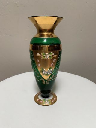 Vintage Bohemian Czech Green And Gold Vase Enameled Flowers