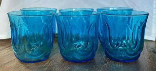 6 Vintage Anchor Hocking Colonial Tulip Pattern Old Fashioned Glass Laser Blue 2