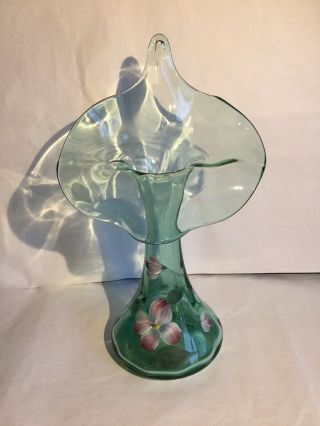 Fenton Art Glass Signed Green Violets Floral Jack In The Pulpit Vase 11 "