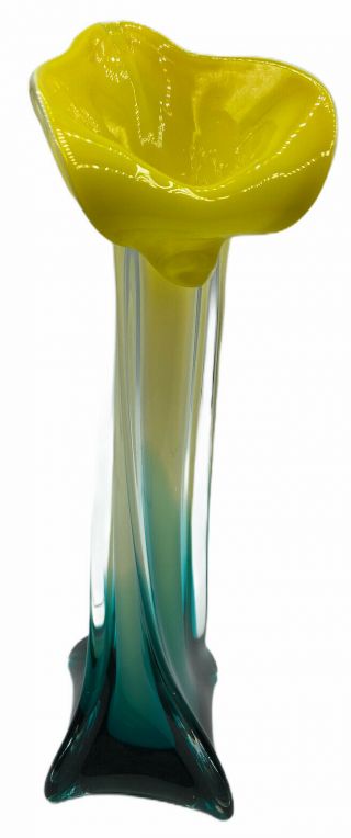 Murano Style Jack In The Pulpit Art Glass Vase Yellow Teal White 12”