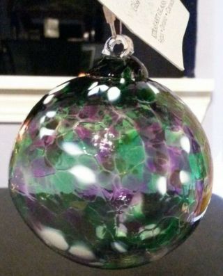 Kitras Art Glass Orb Calico Green Purple Ornament Witch Ball Multi Color 4 "
