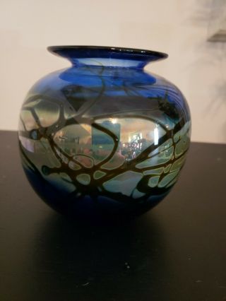 Andrew Shea Vintage Art Glass Cobalt Blue Vase With Gold Green Black Iridecent