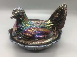Vintage Fenton Art Glass 5 " Hen On Nest Purple Carnival