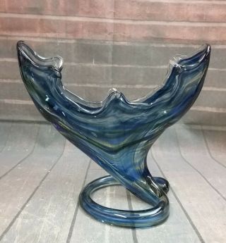 Blown Art Glass Trumpet Swirled Spiral Stem Mid Century Cobalt Blue/brown Vase