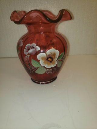 D.  Cutshaw Hand Painted Pansies On Cranberry 5 " Rib Vase