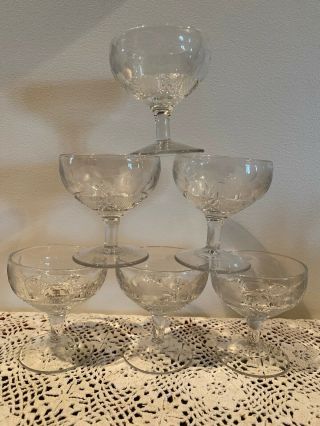 6 Vintage Etched Clear Glass Footed Stemware Dessert Sherbet Cocktail Dish Set