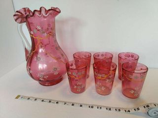 Cranberry Glass Hand Painted Pitcher And Tumbler Set