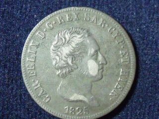 Italian States 5 Lire 1825 T Sardinia Sound Coin P - 112