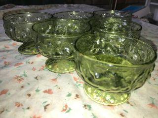 6 Vtg Anchor Hocking Avocado Green Lido Milano Glass Sherbet Footed Dessert Cup