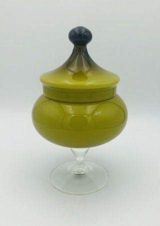 Vintage Mcm Empoli Glass Apothecary Jar Dish Circus Tent Olive Green Hand Blown