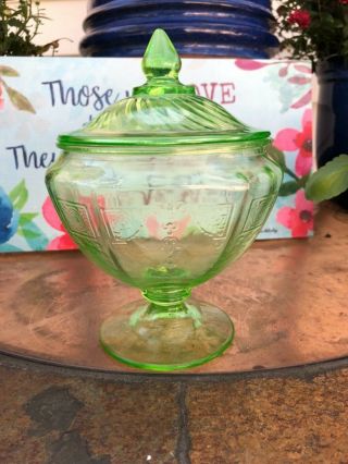 Vintage Green Depression Glass Covered Pedestal Candy Dish Swirl Design Lid