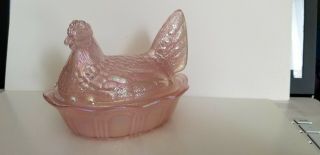 Vintage Fenton Glass Iridescent Pink Hen On Nest.  Aprox 5in.
