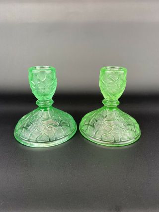 Vintage Imperial Crackle Vaseline Glass Candle Holders Pair Uranium Glass
