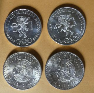 2 - 1968 25 Peso Mexico 2 - 1948 Cinco 5 Pesos Cuauhtemoc Silver 4 Mexican Coins