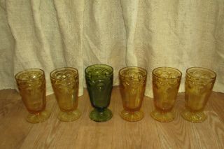 6 Vintage Fostoria Ice Tea Drinking Glasses 1 Green 5 Yellow/amber 1154