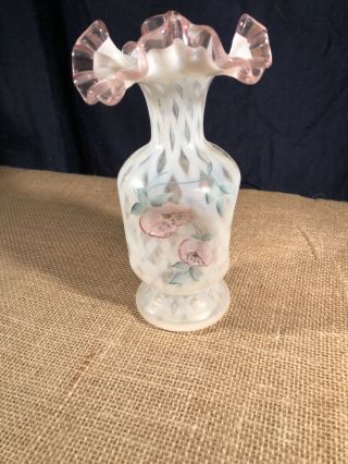 Fenton French Opalescent Trellis Hand Painted Vase Pink Crest 7 - 1/2”