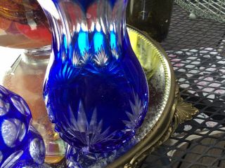 Vtg Clear To Cobalt Blue Lead Crystal Fine Hand Cut 6.  5” Vase And 8” Cruet Fp