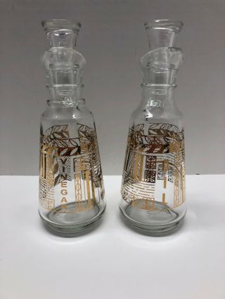 Anchor Hocking Matching Cruets Oil Vinegar & Stoppers Gold Mid Century Bottles