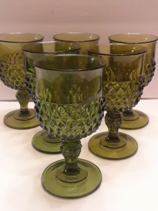 6 Vintage Indiana Glass Olive Green Diamond Point Wine/water Glass Or Goblet
