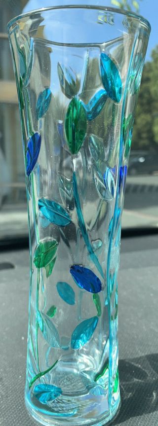 Murano Cc Zecchin Glass Vase 7.  5 " Venetian Italy Crystal Hand Painted Leaves.