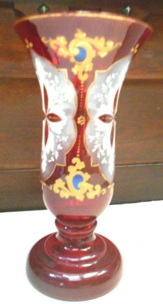 Vintage Bohemian Czech (?) Art Glass Vase Ruby Red Enamel Gold