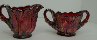 Imperial Carnival Glass Vintage Iridescent Ruby Red Cream Sugar Set Leaf Pattern