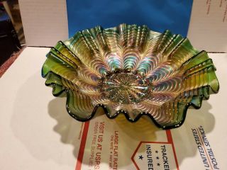 Vintage Fenton Carnival Glass Bowl Gold Green Peacock Tail Ruffled Rim 10 "
