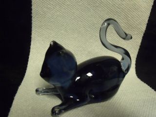 4 " Hand Blown Smoky Blue Glass Cat Paperweight Figurine Signed Rw 86