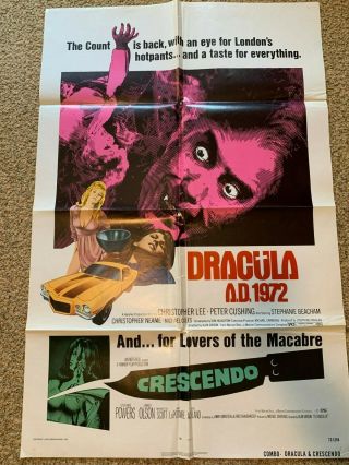 Dracula A.  D.  1972 Movie Poster One - Sheet Christopher Lee/peter Cushing 27x41