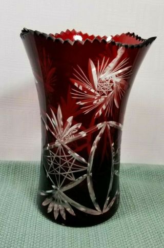 Ruby Red Cut Glass Crystal Vase Vintage Bohemian Czech Art Glass Cut To Clear