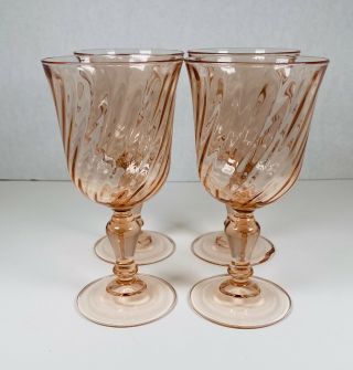 Set Of 4 Vintage Pink Depression Glass Goblets Swirl Pattern Drinking Glasses