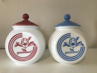 Anchor Hocking Fire King Vitrock Blue & Red Pair Grease Jars W/lid