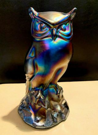 Fenton Cobalt Blue Carnival Glass Owl Figurine 5 1/2 " Tall In